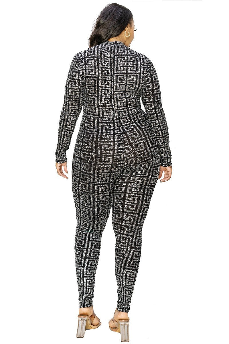 Plus Silver Geo Pattern Glitter Printed Jumpsuit