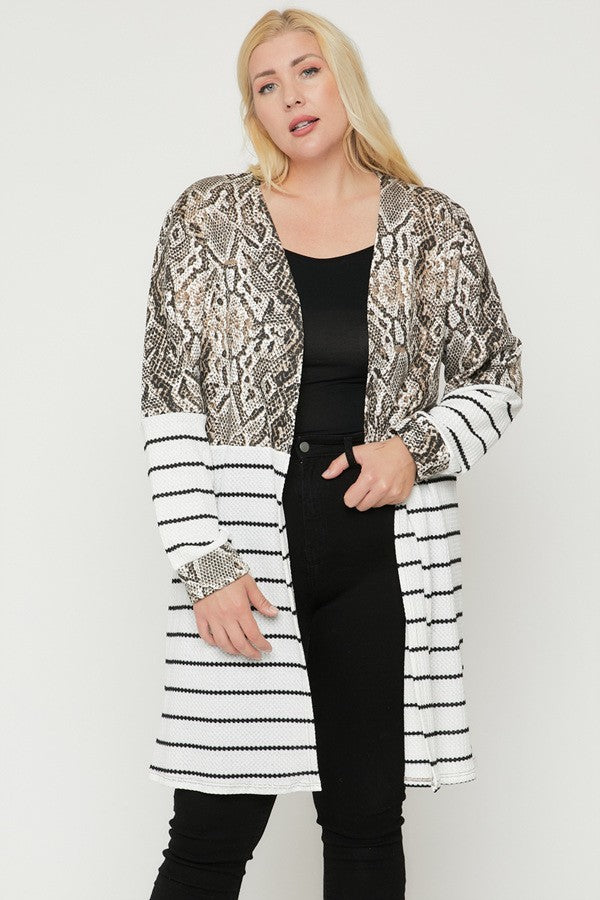 Plus White Snake/Stripe Long Sleeves Print-Striped Cardigan