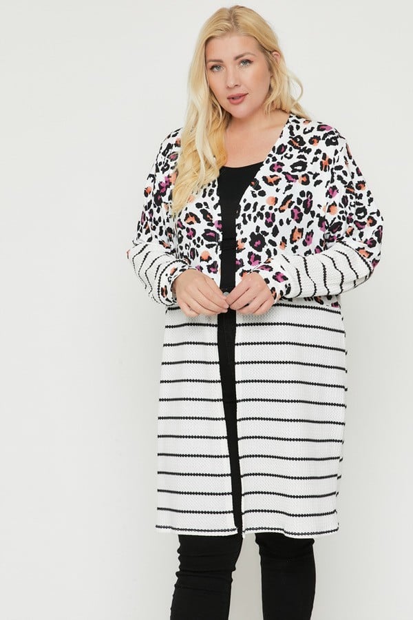 Plus Multicolor Cheetah/Stripe Print Cardigan, Long Sleeves