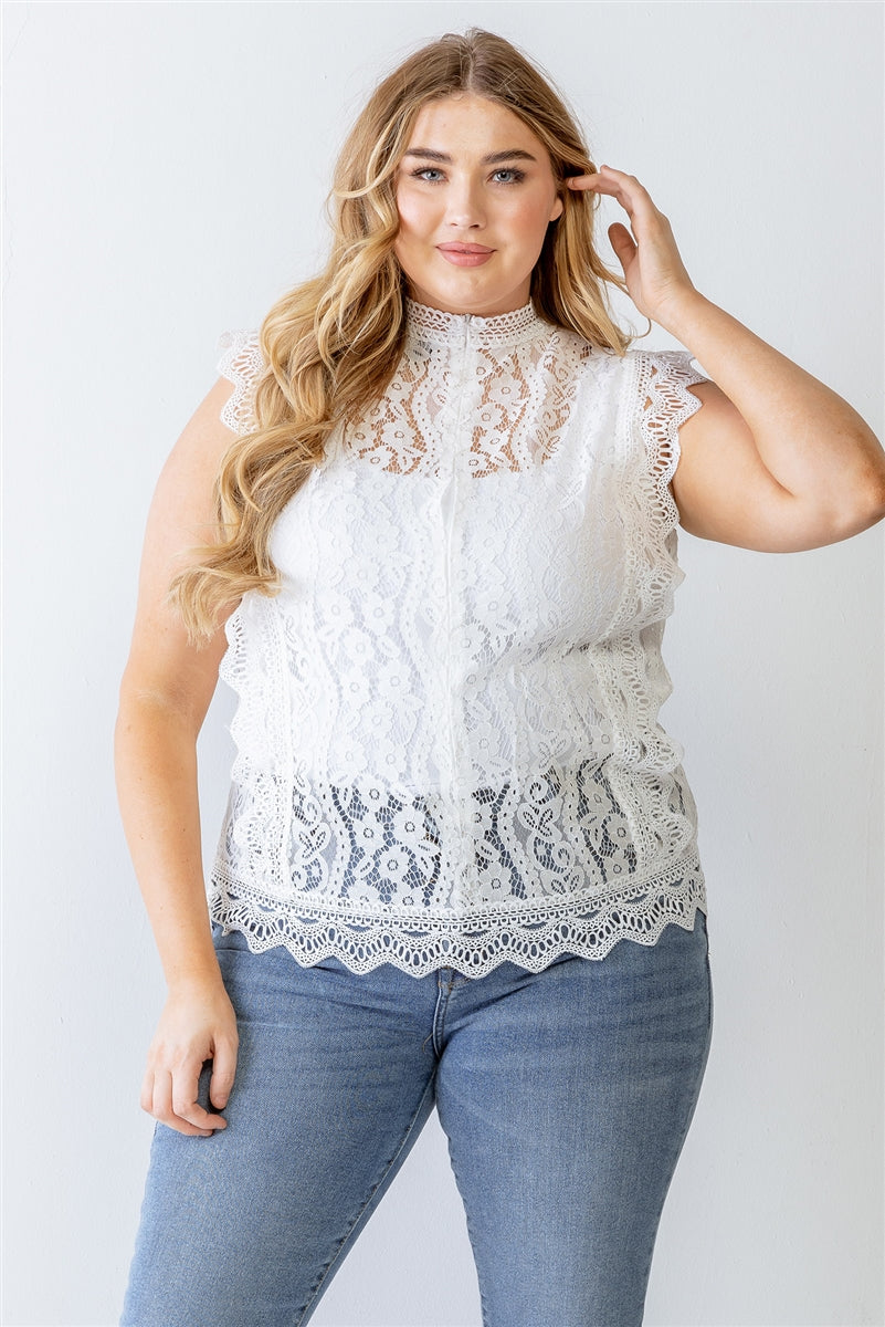 Plus White Cotton Floral Lace Embroidery Detail Top