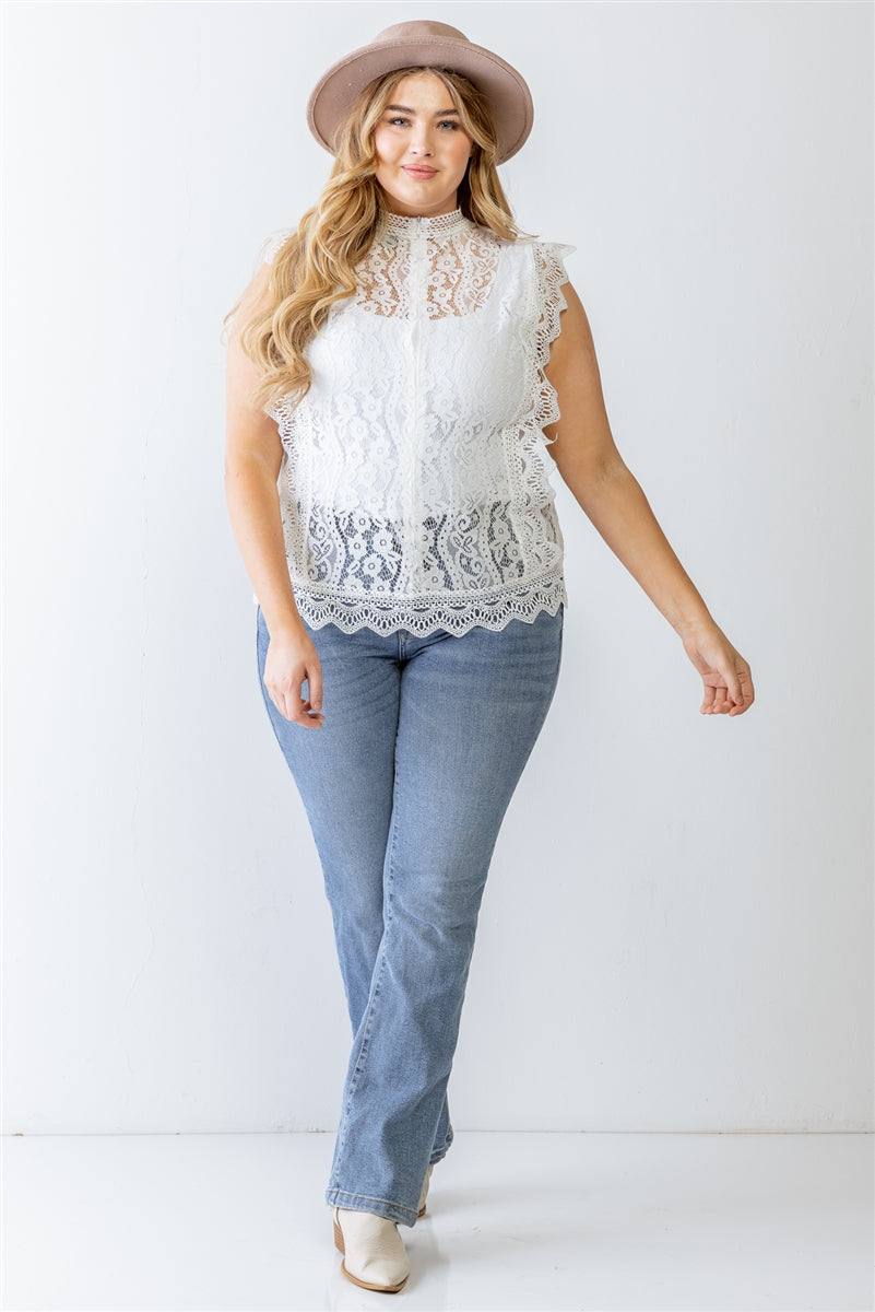 Plus White Cotton Floral Lace Embroidery Detail Top