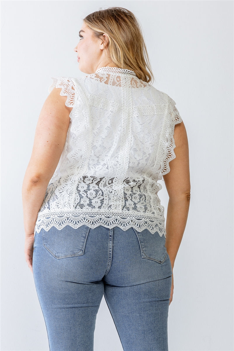 Plus White Cotton Floral Lace Embroidery Detail Top