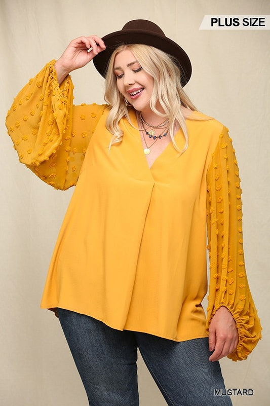 Plus Mustard Woven Textured Chiffon Top With Voluminous Sheer Sleeves