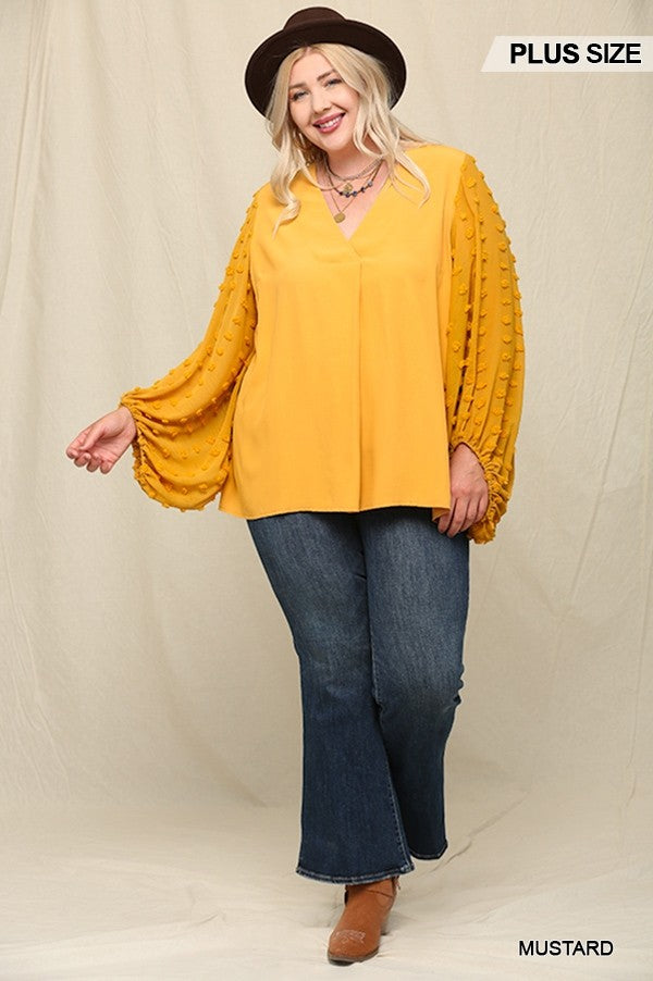 Plus Mustard Woven Textured Chiffon Top With Voluminous Sheer Sleeves