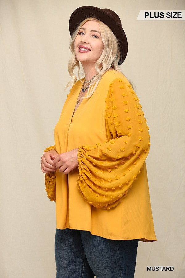 Plus Mustard Woven Textured Chiffon Top With Voluminous Sheer Sleeves