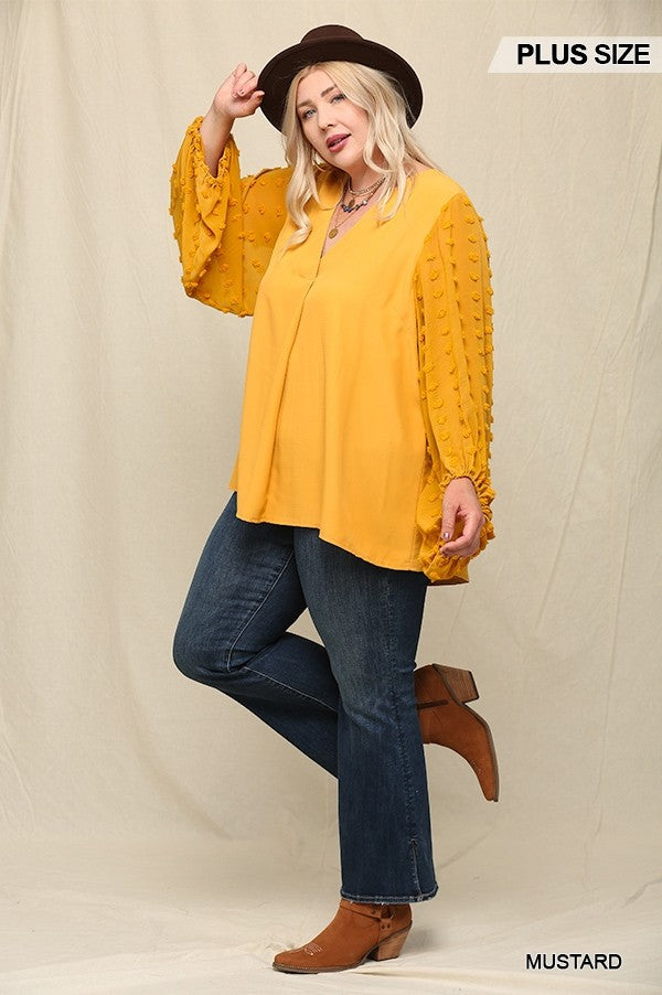 Plus Mustard Woven Textured Chiffon Top With Voluminous Sheer Sleeves