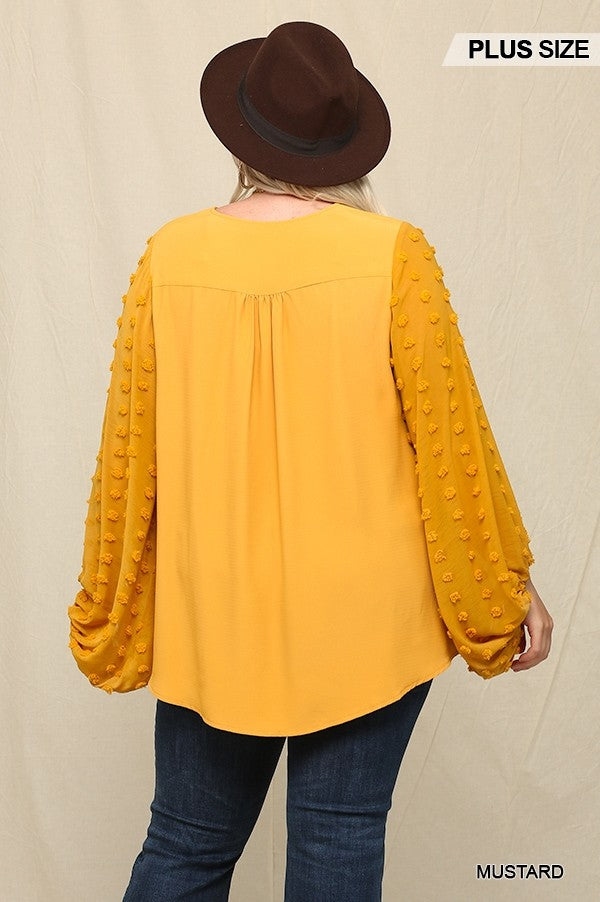 Plus Mustard Woven Textured Chiffon Top With Voluminous Sheer Sleeves