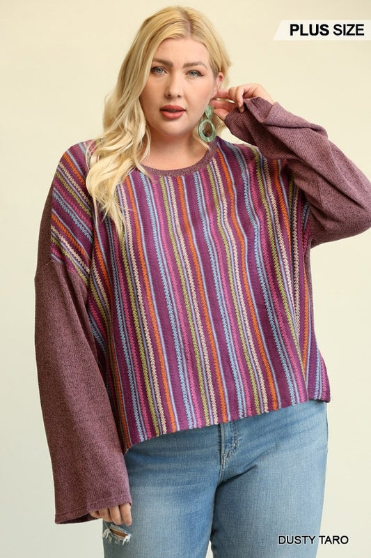 Plus Dusty Taro Novelty Knit and Solid Knit Mixed Loose Top