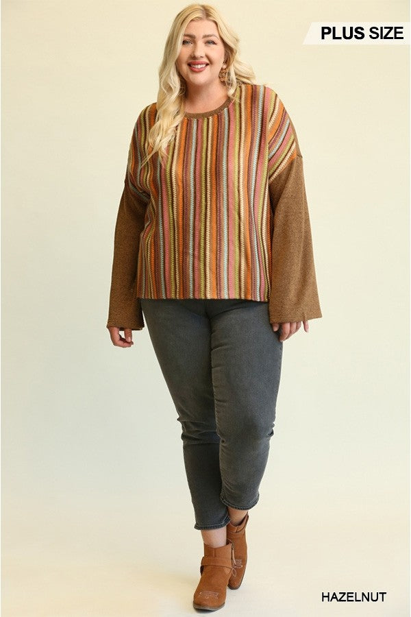 Plus Hazelnut Novelty Knit and Solid Knit Mixed Loose Top