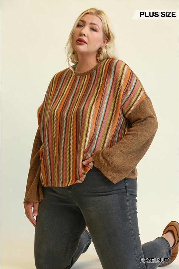 Plus Hazelnut Novelty Knit and Solid Knit Mixed Loose Top