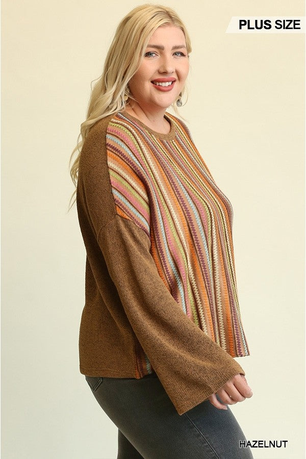 Plus Hazelnut Novelty Knit and Solid Knit Mixed Loose Top