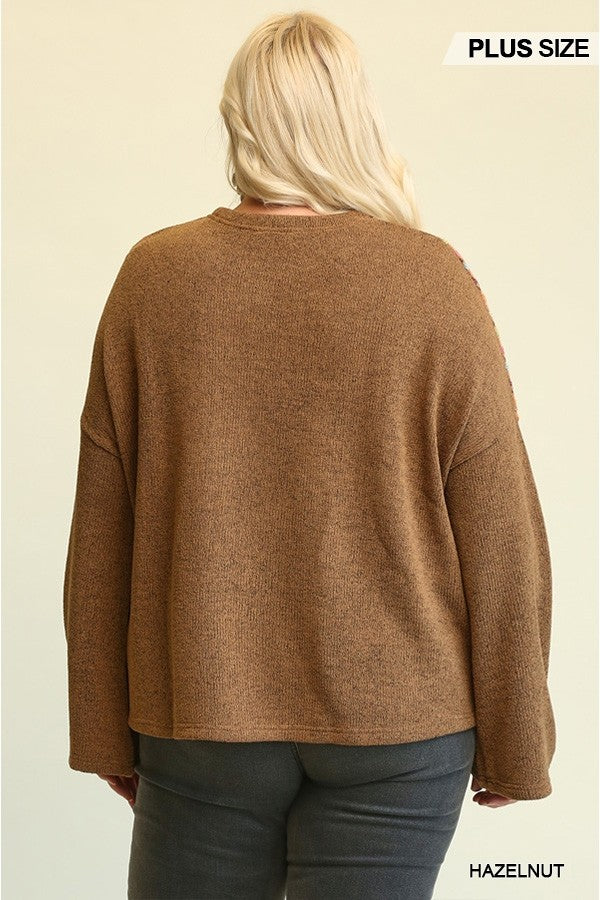 Plus Hazelnut Novelty Knit and Solid Knit Mixed Loose Top