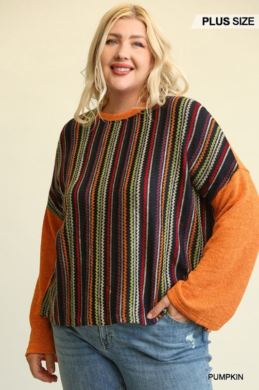 Plus Pumpkin Novelty Knit and Solid Knit Mixed Loose Top