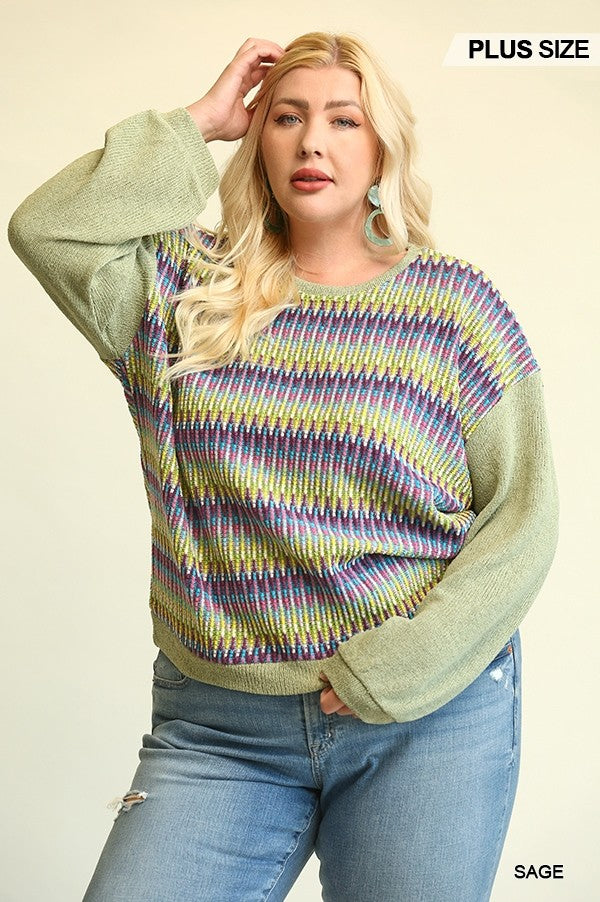 Plus Sage Mixed Fabric Knit Top with Drop Shoulder