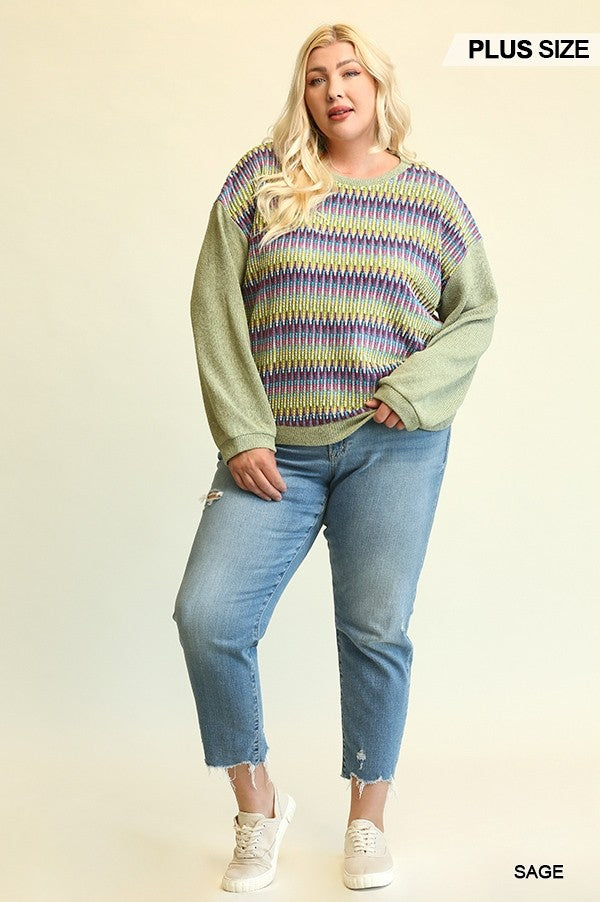 Plus Sage Mixed Fabric Knit Top with Drop Shoulder