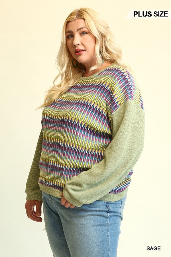 Plus Sage Mixed Fabric Knit Top with Drop Shoulder