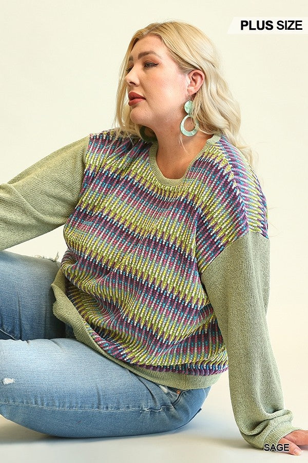 Plus Sage Mixed Fabric Knit Top with Drop Shoulder