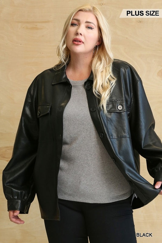 Plus Black Faux Leather Shacket with Button-Down, Side Pockets