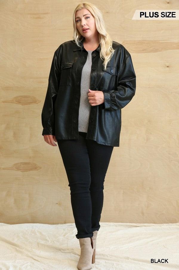 Plus Black Faux Leather Shacket with Button-Down, Side Pockets