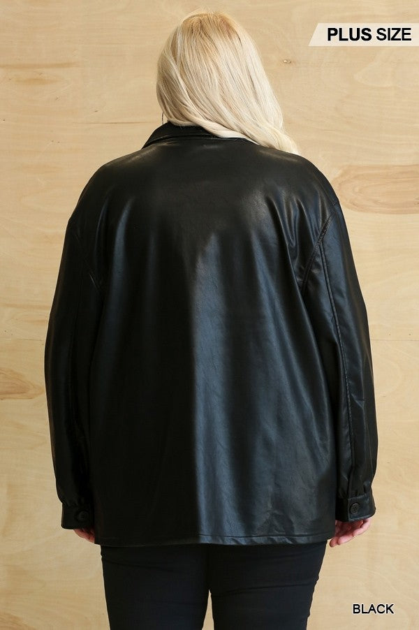 Plus Black Faux Leather Shacket with Button-Down, Side Pockets