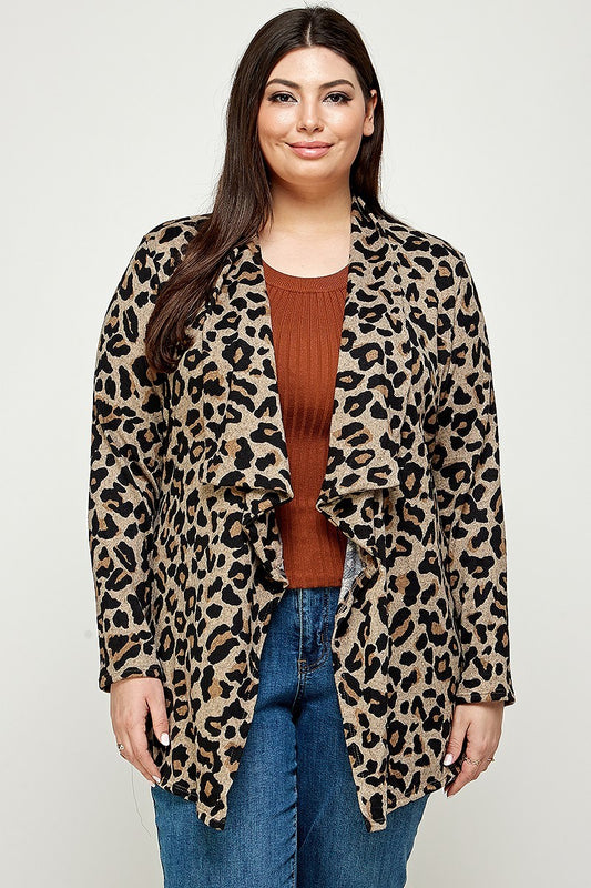 Plus Brown Animal Leopard Printed Knit Cardigan