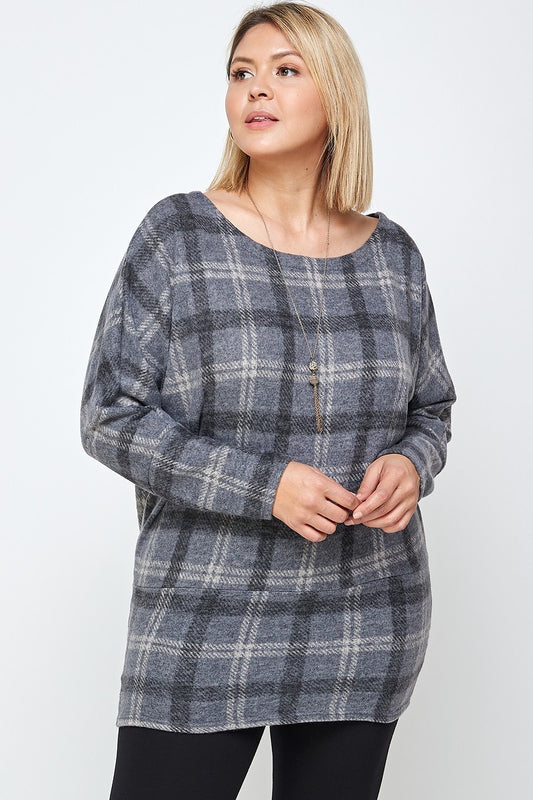 Plus Grey Boat Neck Plaid Print Tunic Top With Long Dolman Sleeves