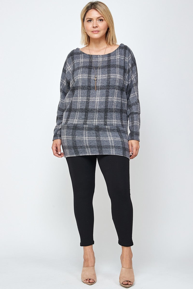 Plus Grey Boat Neck Plaid Print Tunic Top With Long Dolman Sleeves