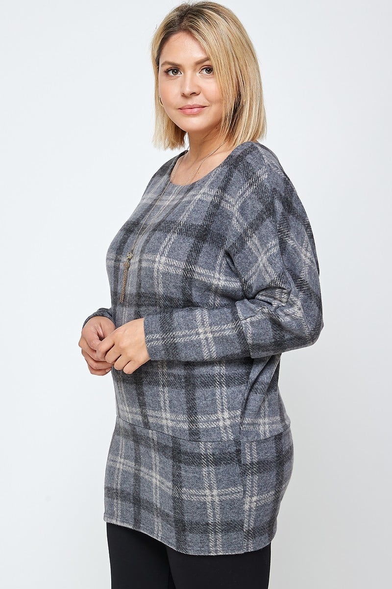 Plus Grey Boat Neck Plaid Print Tunic Top With Long Dolman Sleeves