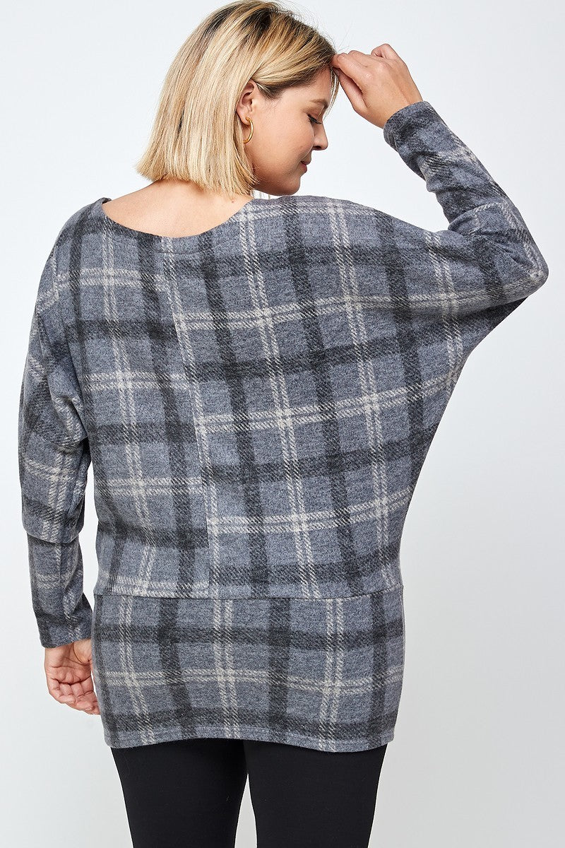 Plus Grey Boat Neck Plaid Print Tunic Top With Long Dolman Sleeves