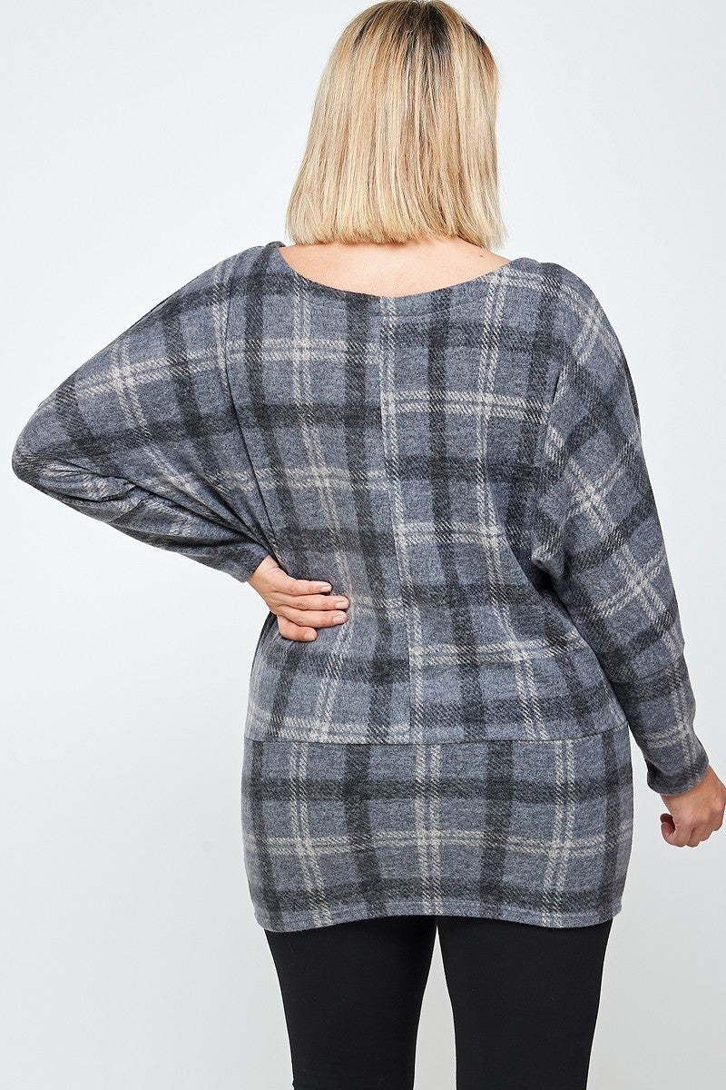 Plus Grey Boat Neck Plaid Print Tunic Top With Long Dolman Sleeves