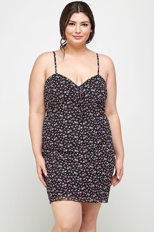 Plus Black Ditsy Floral Print On Mesh Fabric Cami Dress