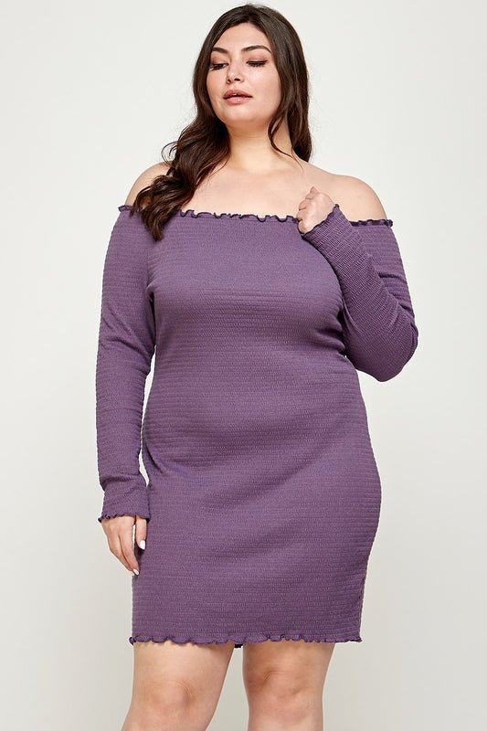 Plus Purple Ash Solid Smocked Off Shoulder Dress