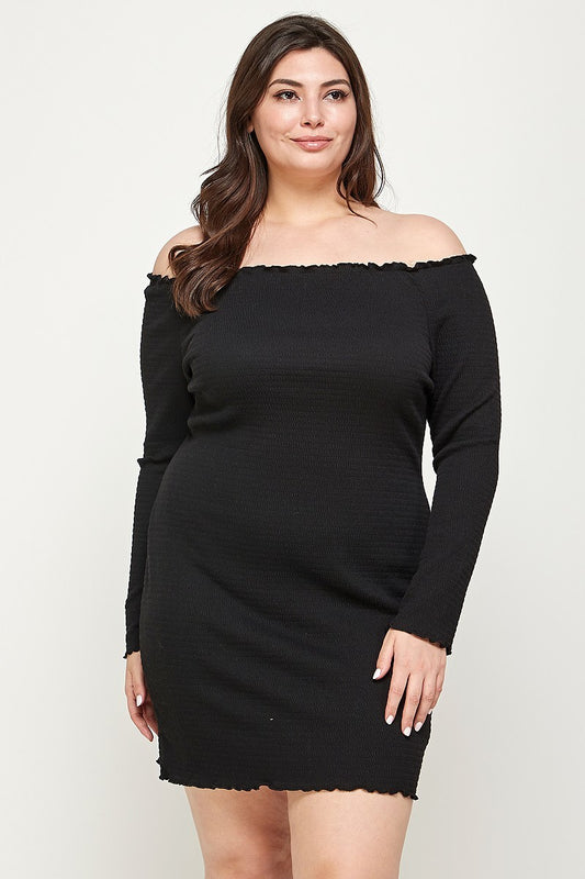 Plus Black Solid Smocked Off Shoulder Dress