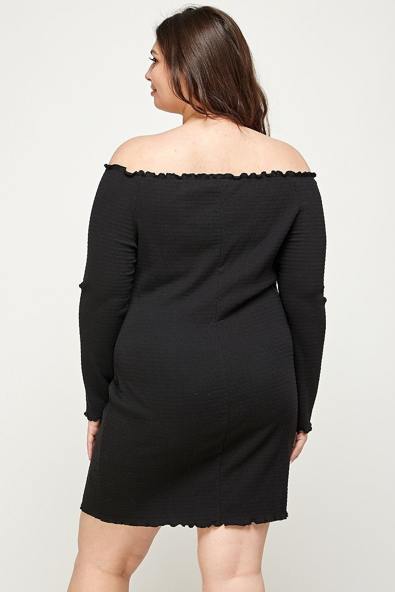 Plus Black Solid Smocked Off Shoulder Dress