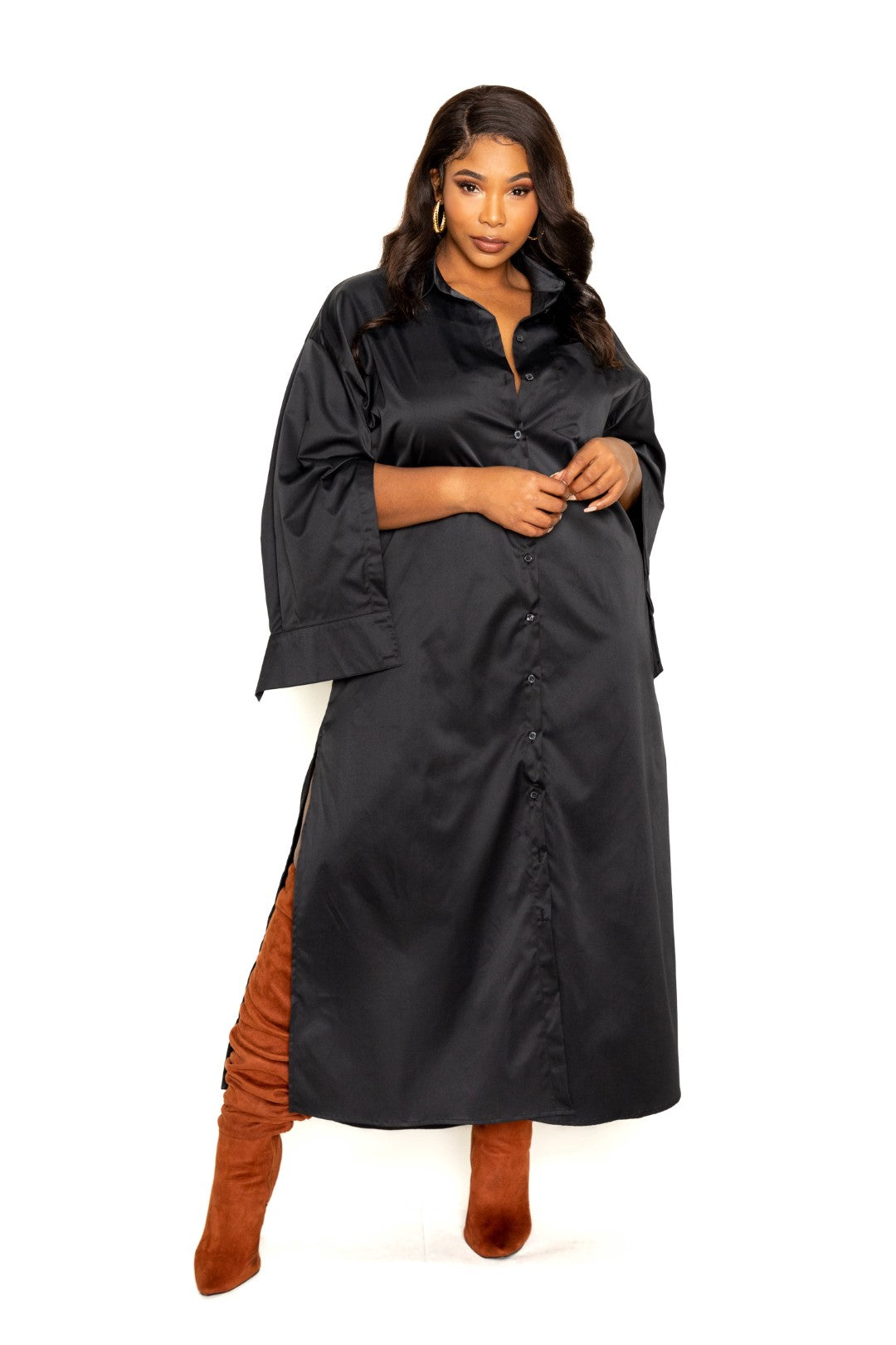 Plus Black Cape Sleeve Shirt Dress