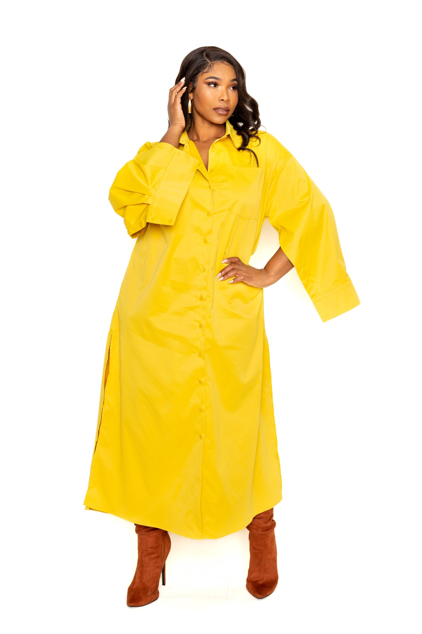 Plus Mustard Cape Sleeve Shirt Dress