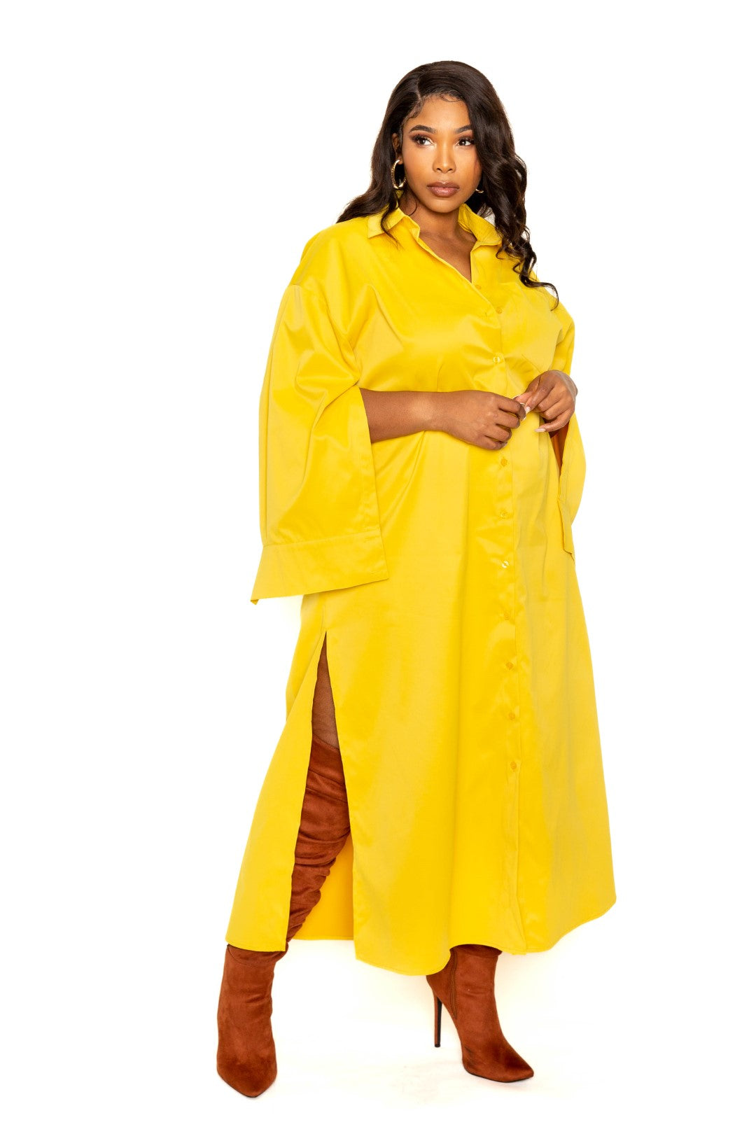 Plus Mustard Cape Sleeve Shirt Dress