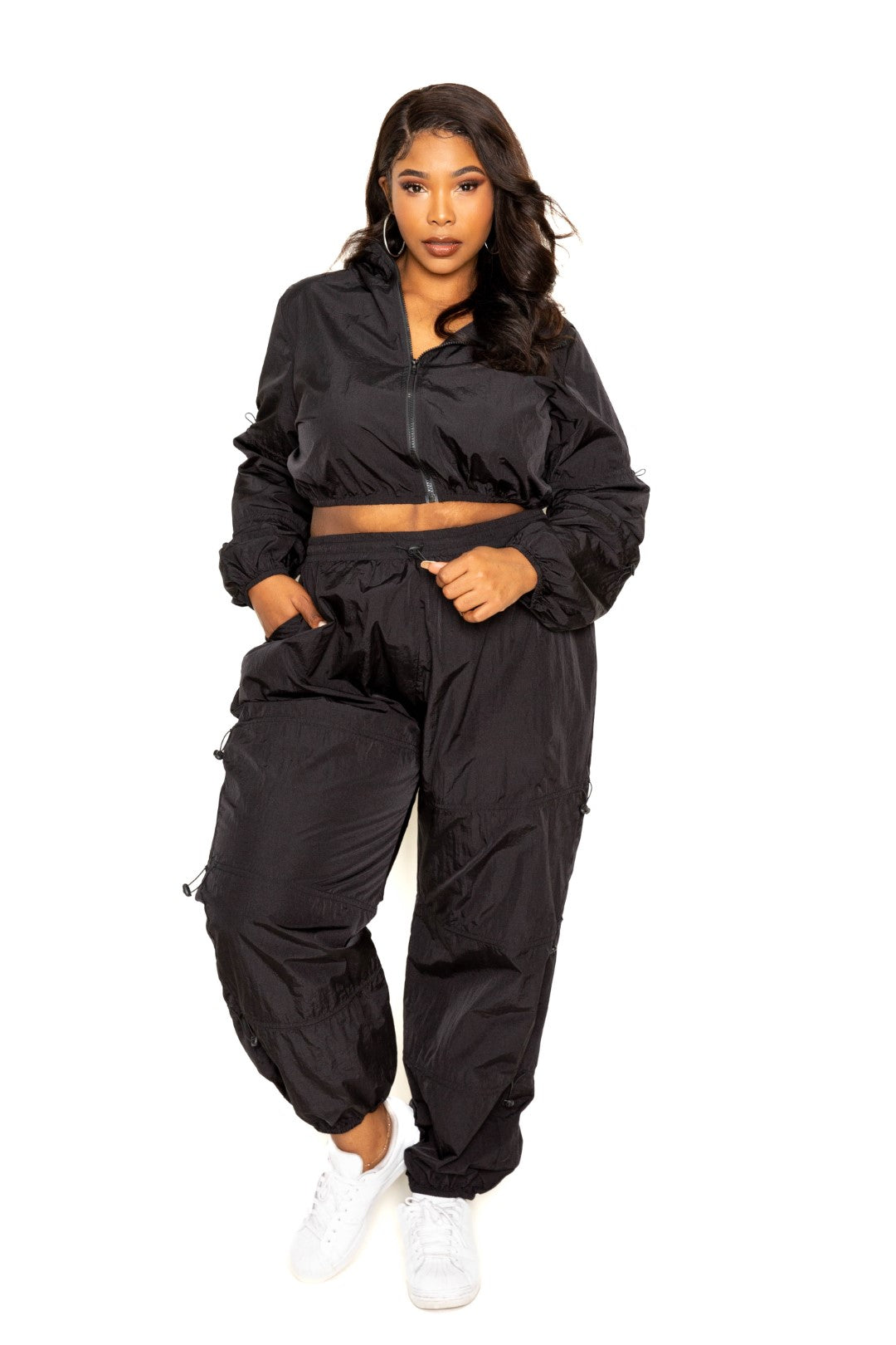 Plus Black Active Zip Up Set With Cord Lock Detail