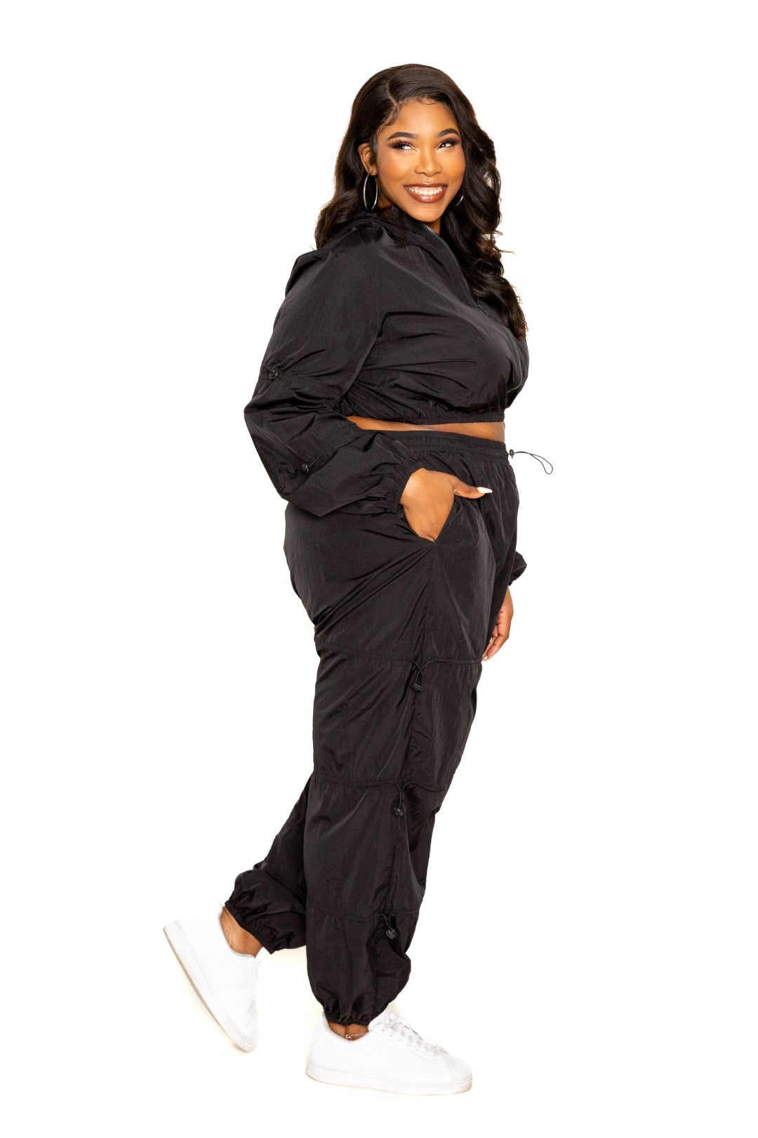 Plus Black Active Zip Up Set With Cord Lock Detail