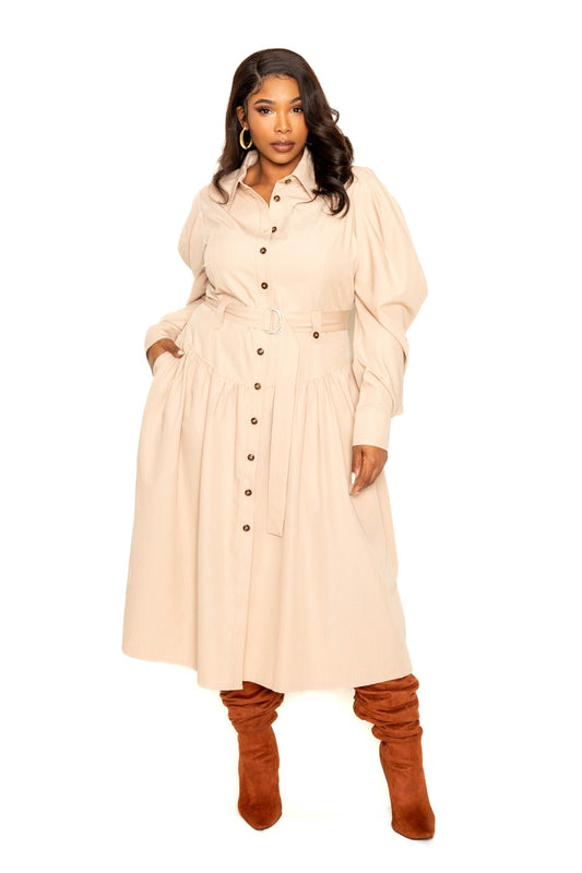 Plus Beige Puff Sleeve Trench Jacket Dress