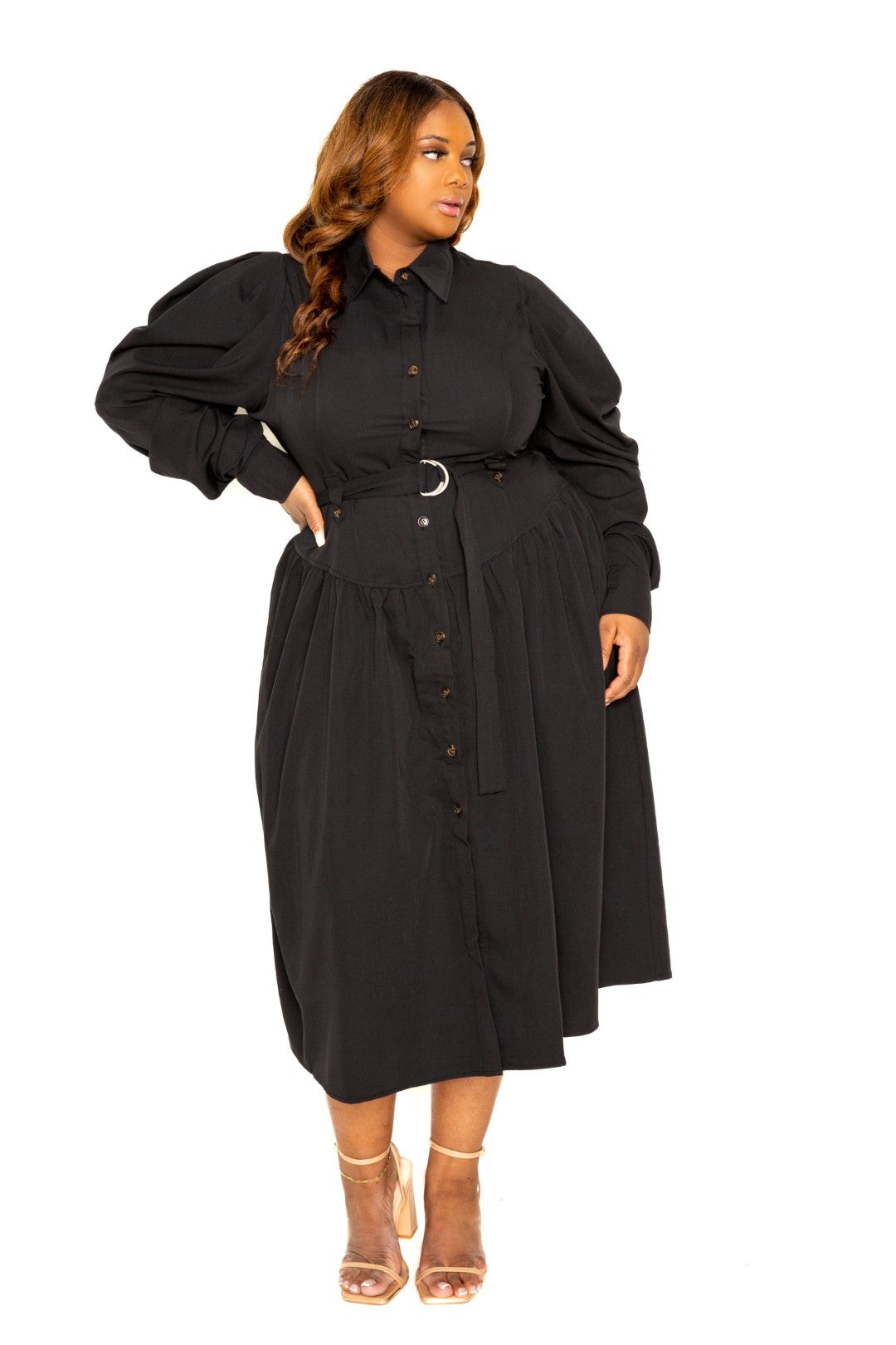 Plus Black Puff Sleeve Trench Jacket Dress