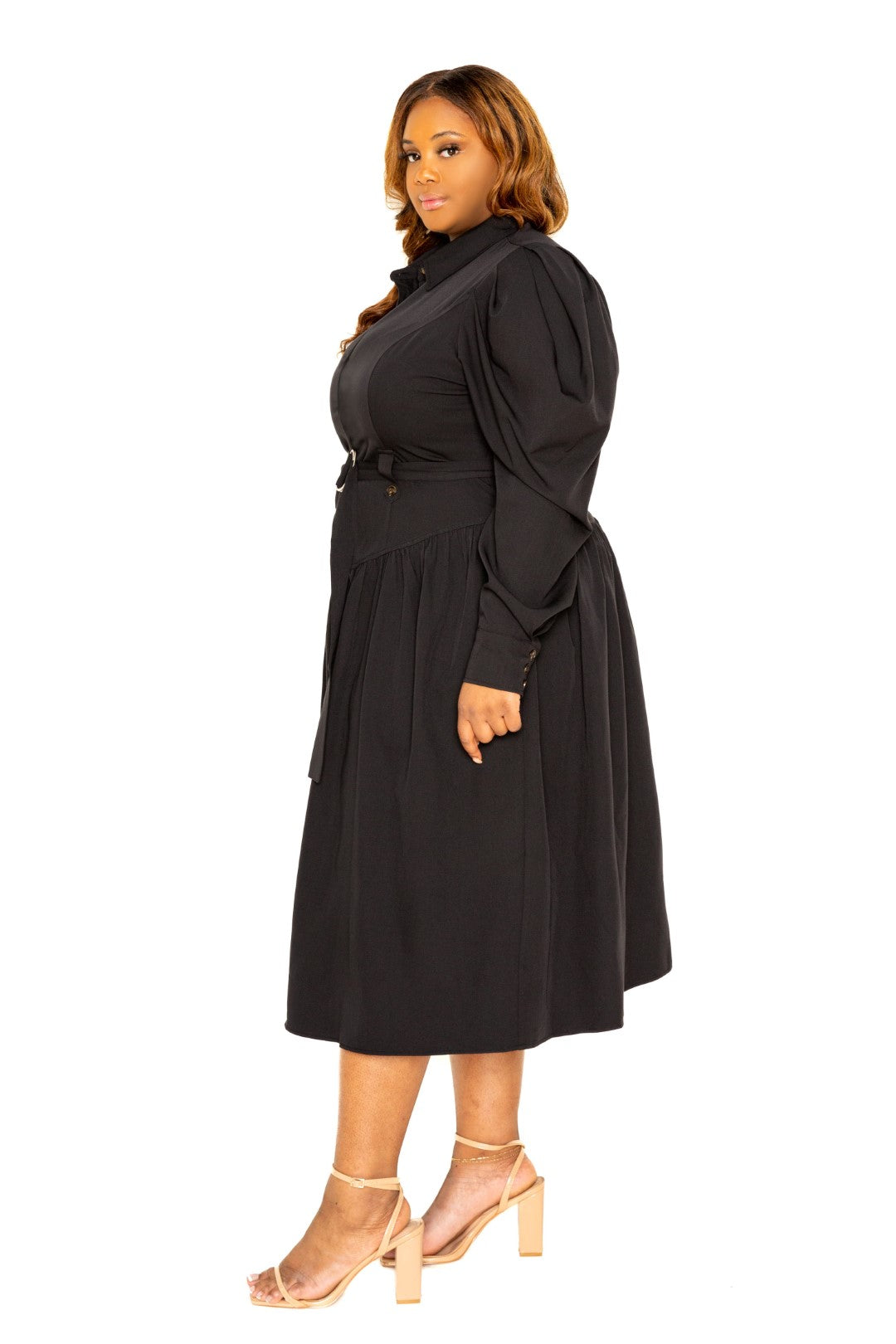 Plus Black Puff Sleeve Trench Jacket Dress