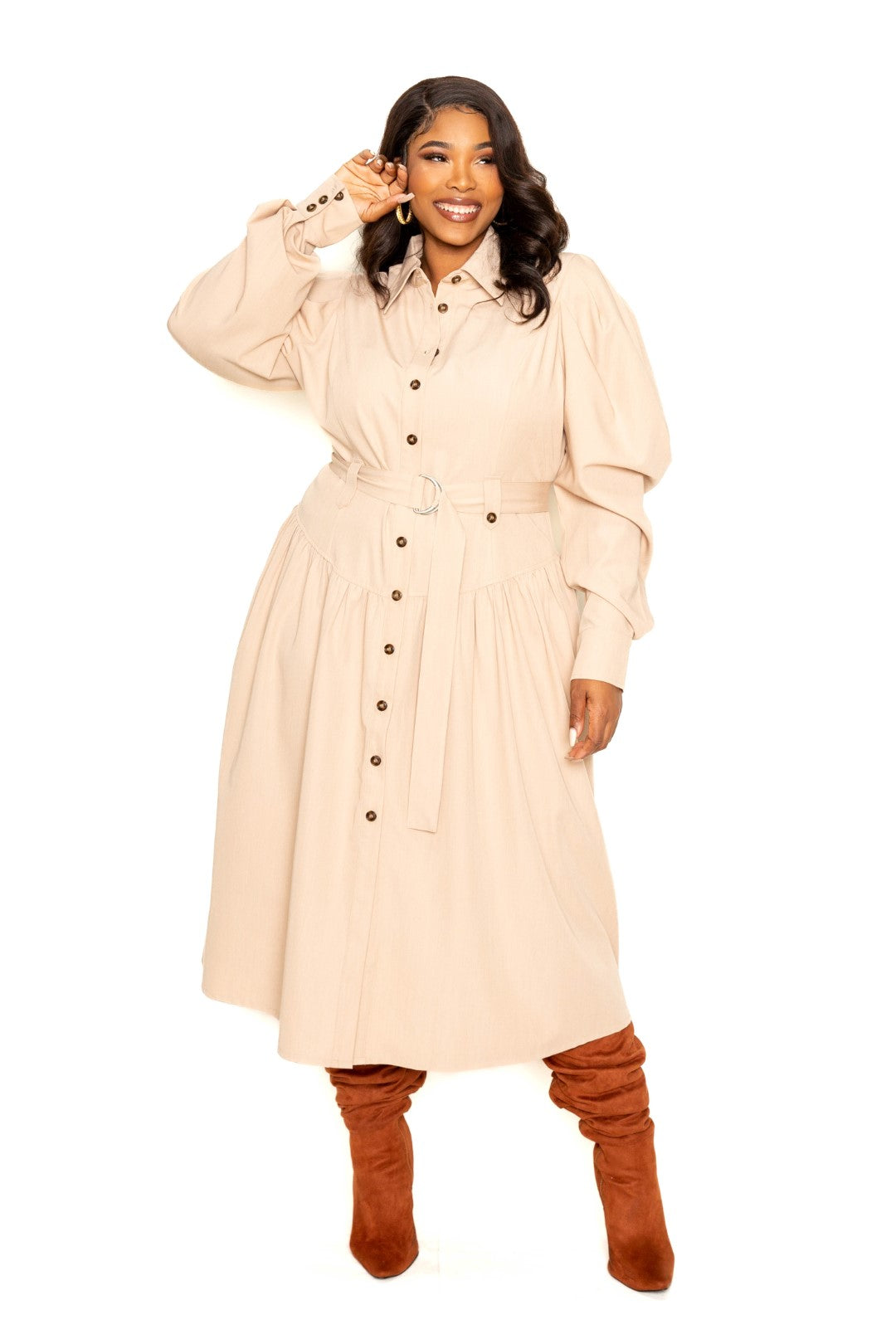 Plus Beige Puff Sleeve Trench Jacket Dress