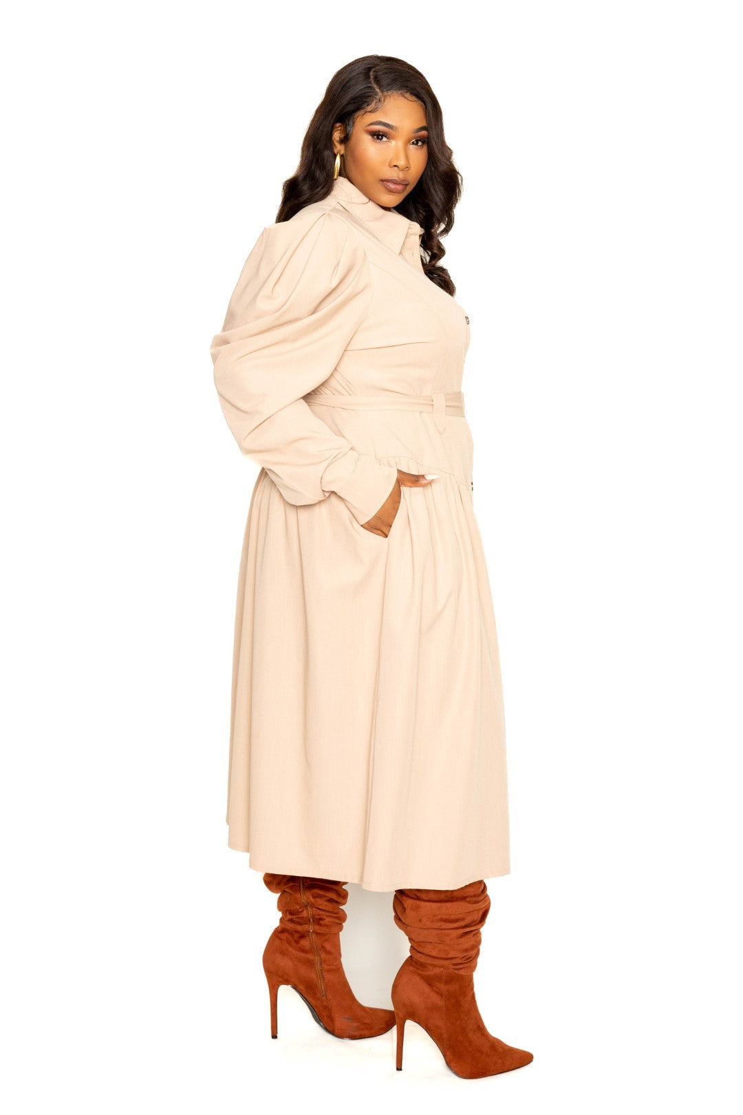 Plus Beige Puff Sleeve Trench Jacket Dress