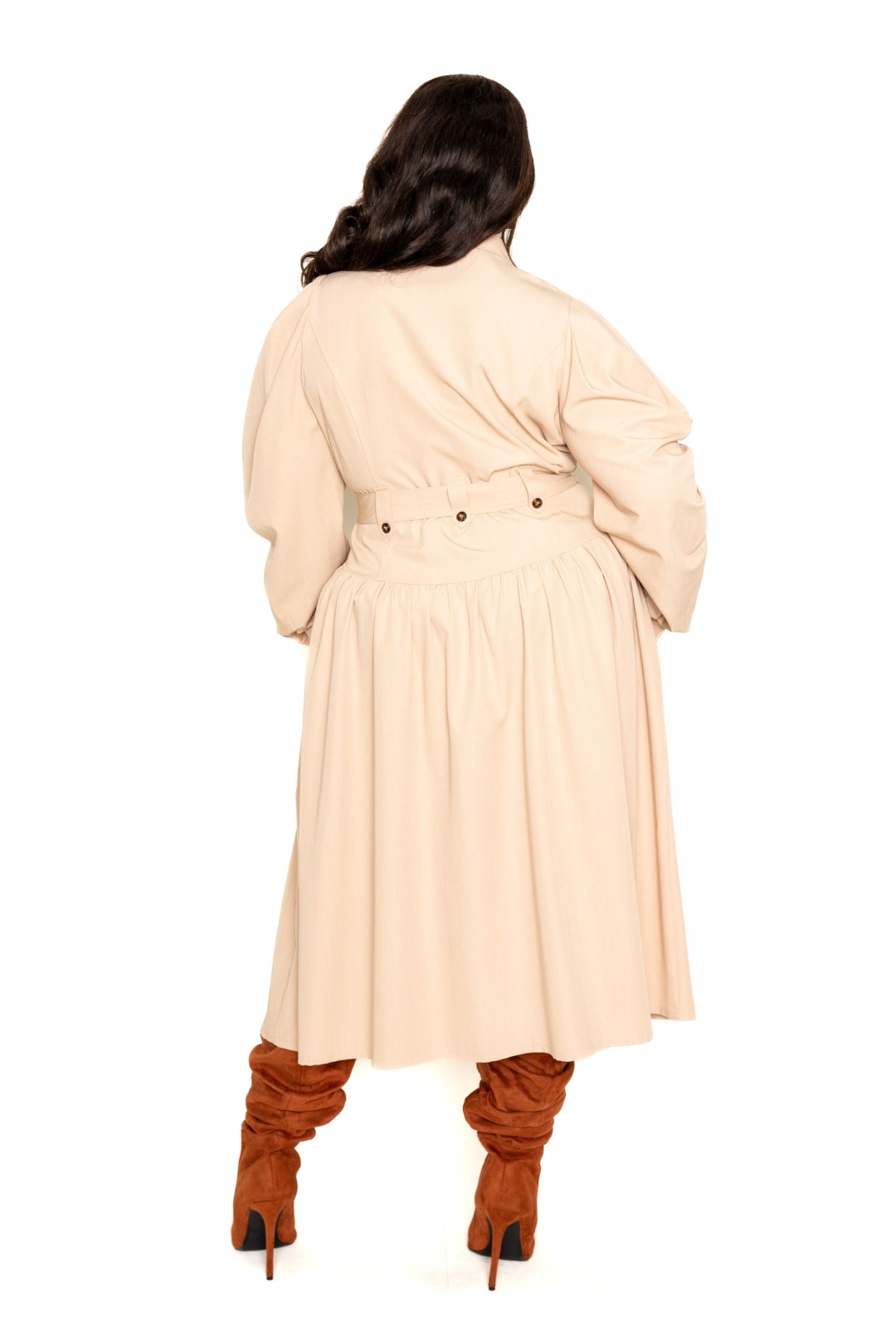 Plus Beige Puff Sleeve Trench Jacket Dress