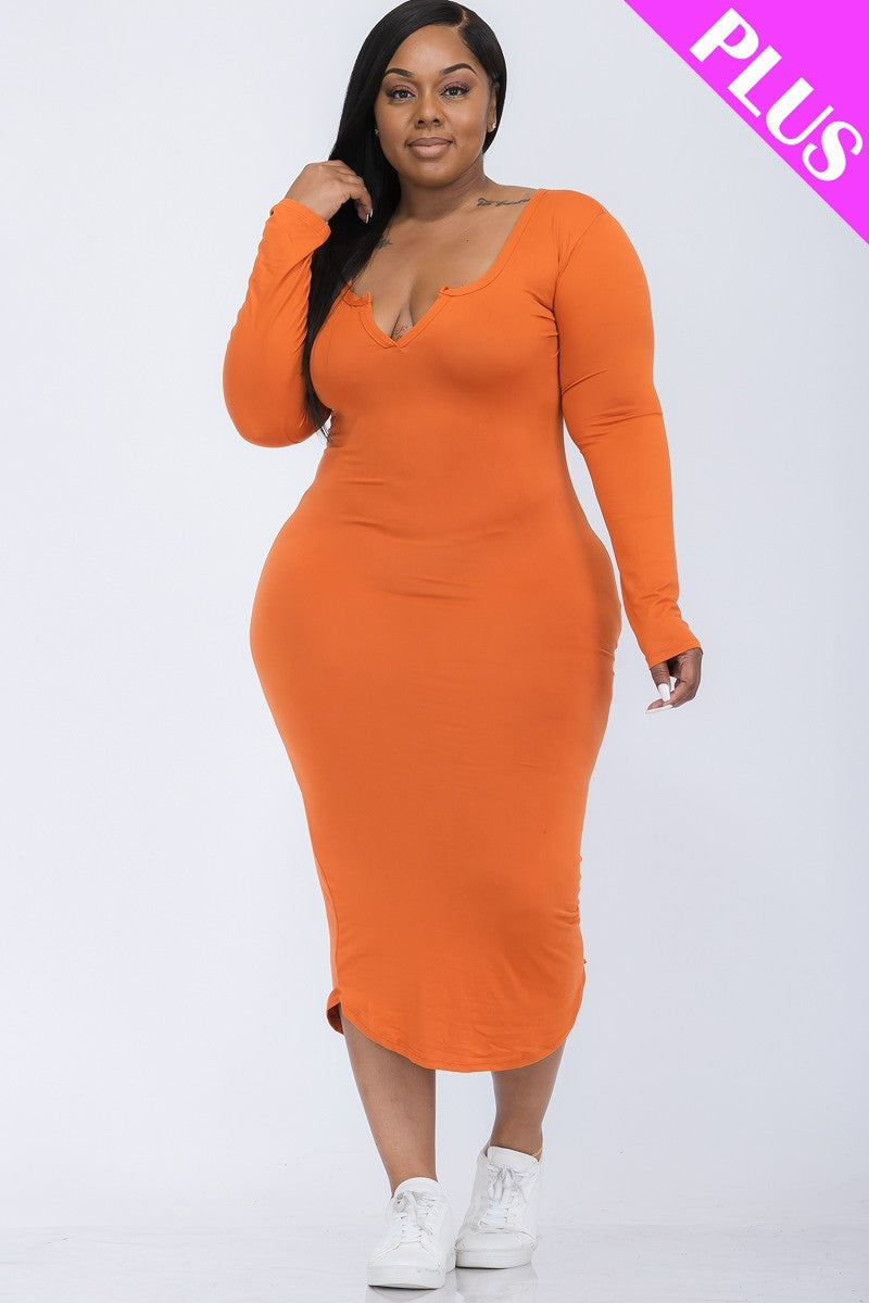 Plus Mango Split Neck Long Sleeve Midi Dress