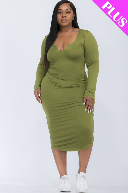 Plus Olive Split Neck Long Sleeve Midi Dress