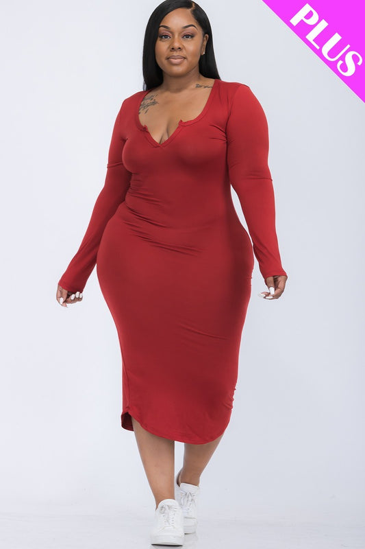 Plus Winery Split Neck Long Sleeve Midi Dress