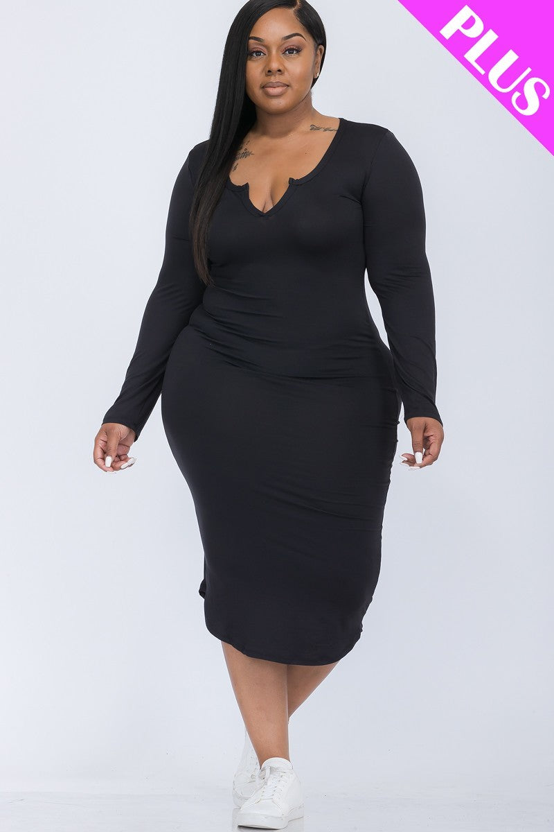 Plus Size Black Split Neck Long Sleeve Midi Dress