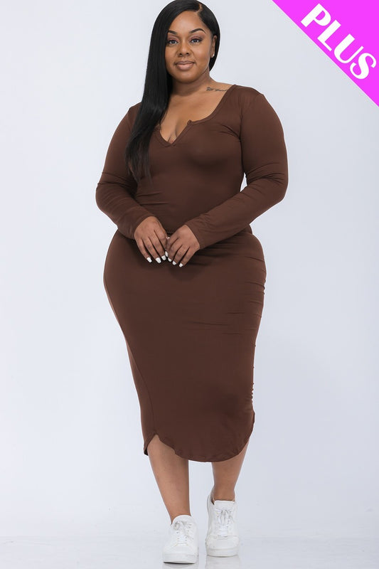 Plus Coffee Split Neck Long Sleeve Midi Dress